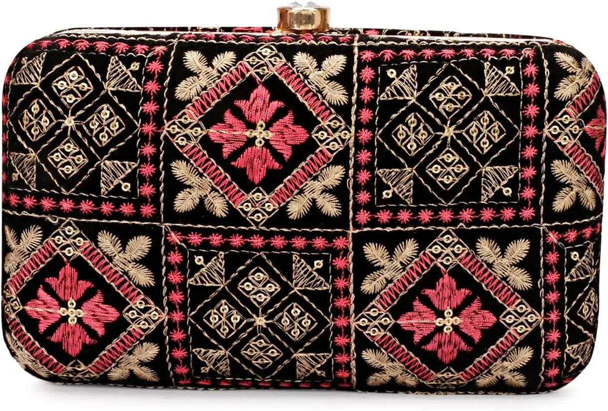 Hand Crafted Designer Box Clutch, Zari Embroidery Clutch - Hand Clutch For Women