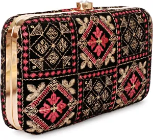 Hand Crafted Designer Box Clutch, Zari Embroidery Clutch - Hand Clutch For Women