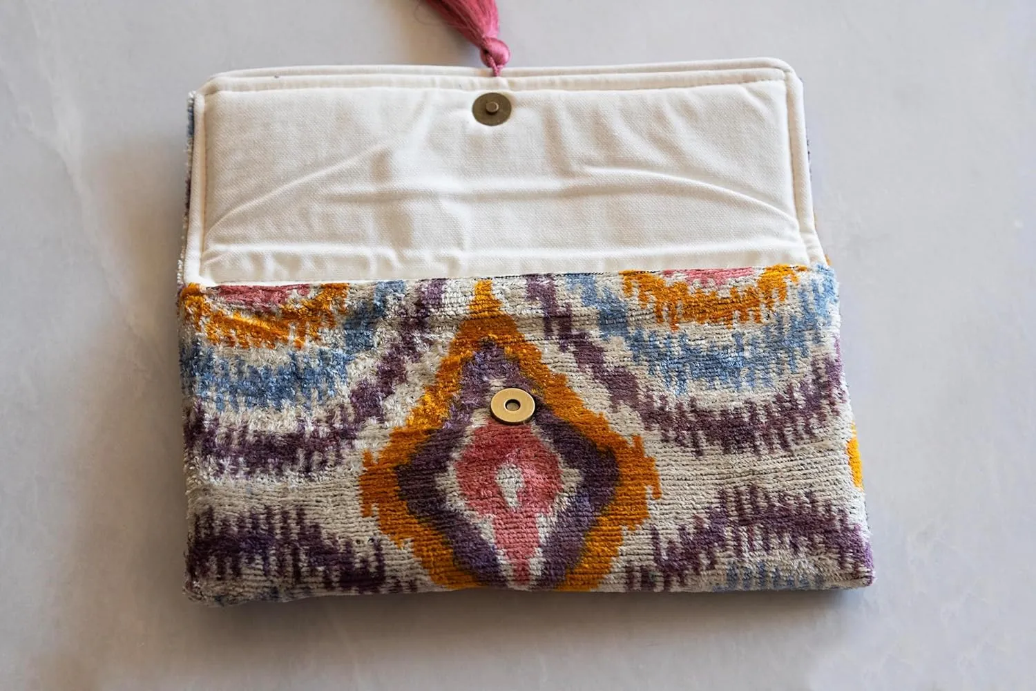 Handmade Ikat Mini Clutch Purse with Tassel for Women, Kayla Clutch Bag with Tassel