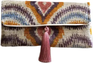 Handmade Ikat Mini Clutch Purse with Tassel for Women, Kayla Clutch Bag with Tassel