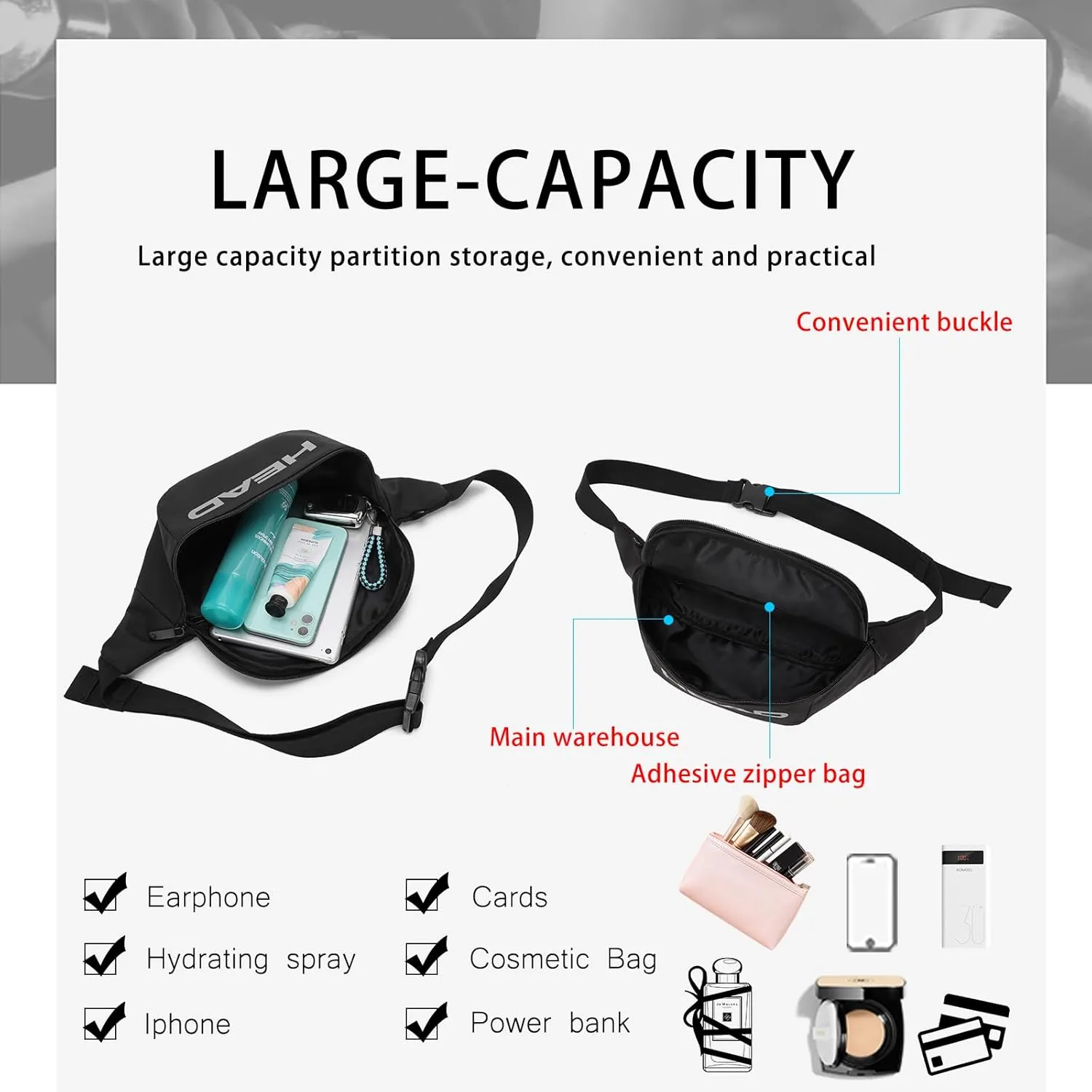 HEAD Waterproof Fanny Pack for Men Women, Crossbody Waist Bag Pack Belt Bag for Travel/Running, Sport Gym Chest Bags for Cycling/Hiking/Walking (Navy)