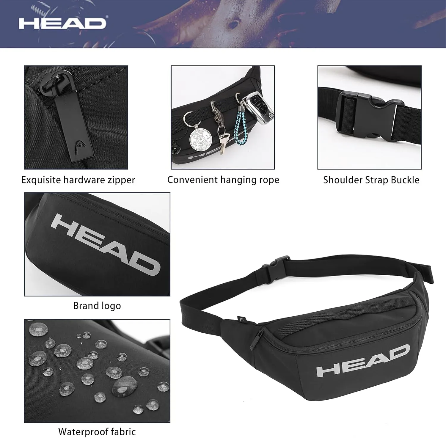 HEAD Waterproof Fanny Pack for Men Women, Crossbody Waist Bag Pack Belt Bag for Travel/Running, Sport Gym Chest Bags for Cycling/Hiking/Walking (Navy)