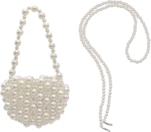 Heart White Beaded Pearl Crossbody Bag Acrylic Beaded Purse Mini Wrislet Clutch Elegant Evening Bag for Party Wedding