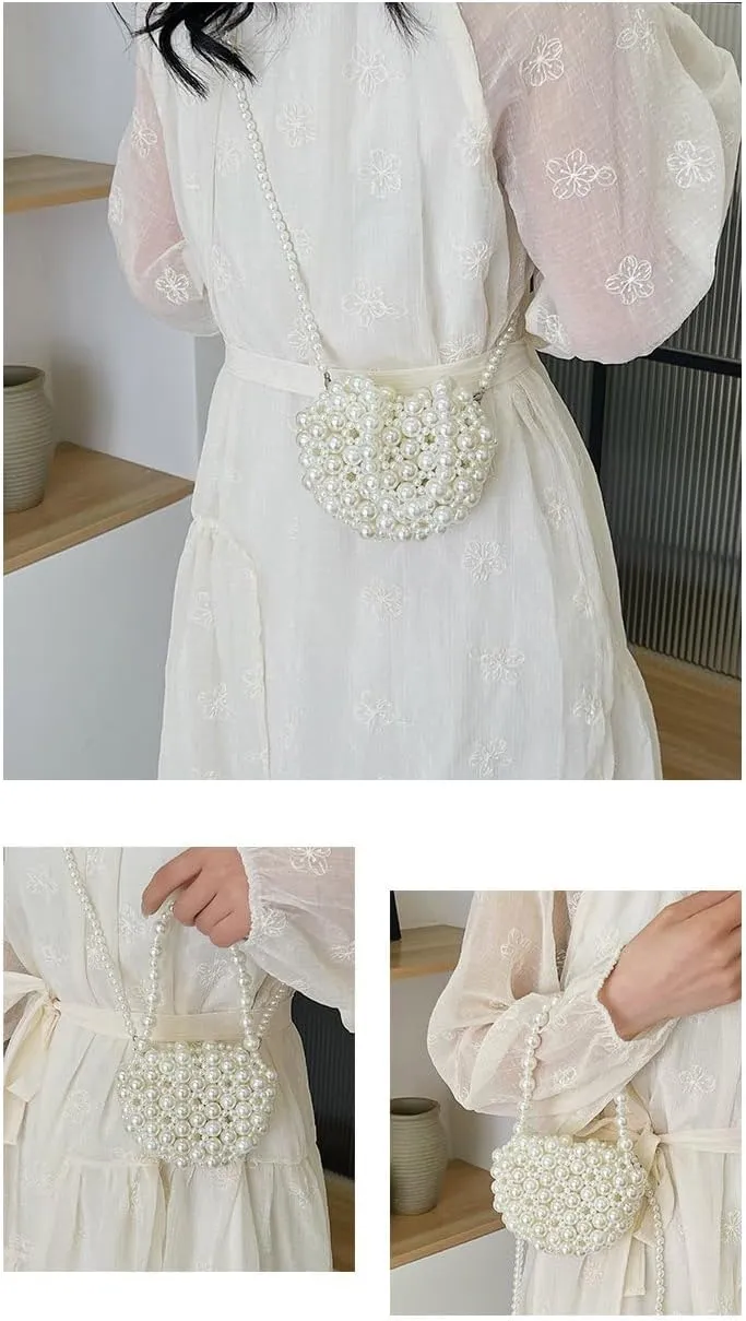 Heart White Beaded Pearl Crossbody Bag Acrylic Beaded Purse Mini Wrislet Clutch Elegant Evening Bag for Party Wedding