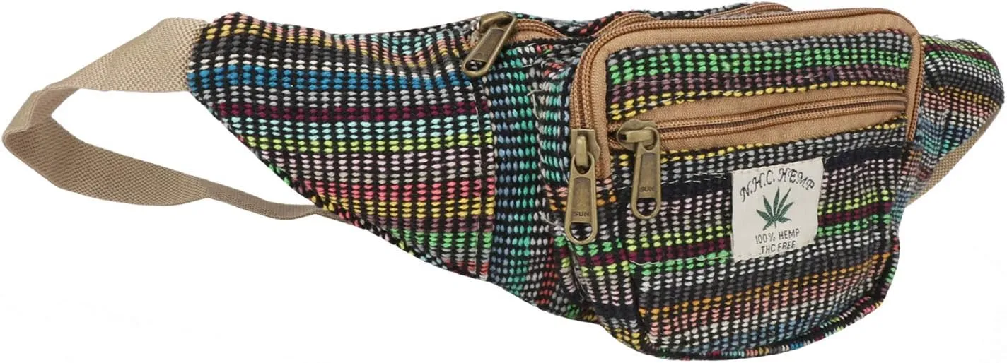 Hemp Fanny Pack,Adjustable Waist and Multiple Pockets,Waist Bag & for all purpose (Multi- Black)