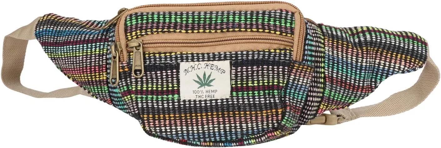 Hemp Fanny Pack,Adjustable Waist and Multiple Pockets,Waist Bag & for all purpose (Multi- Black)