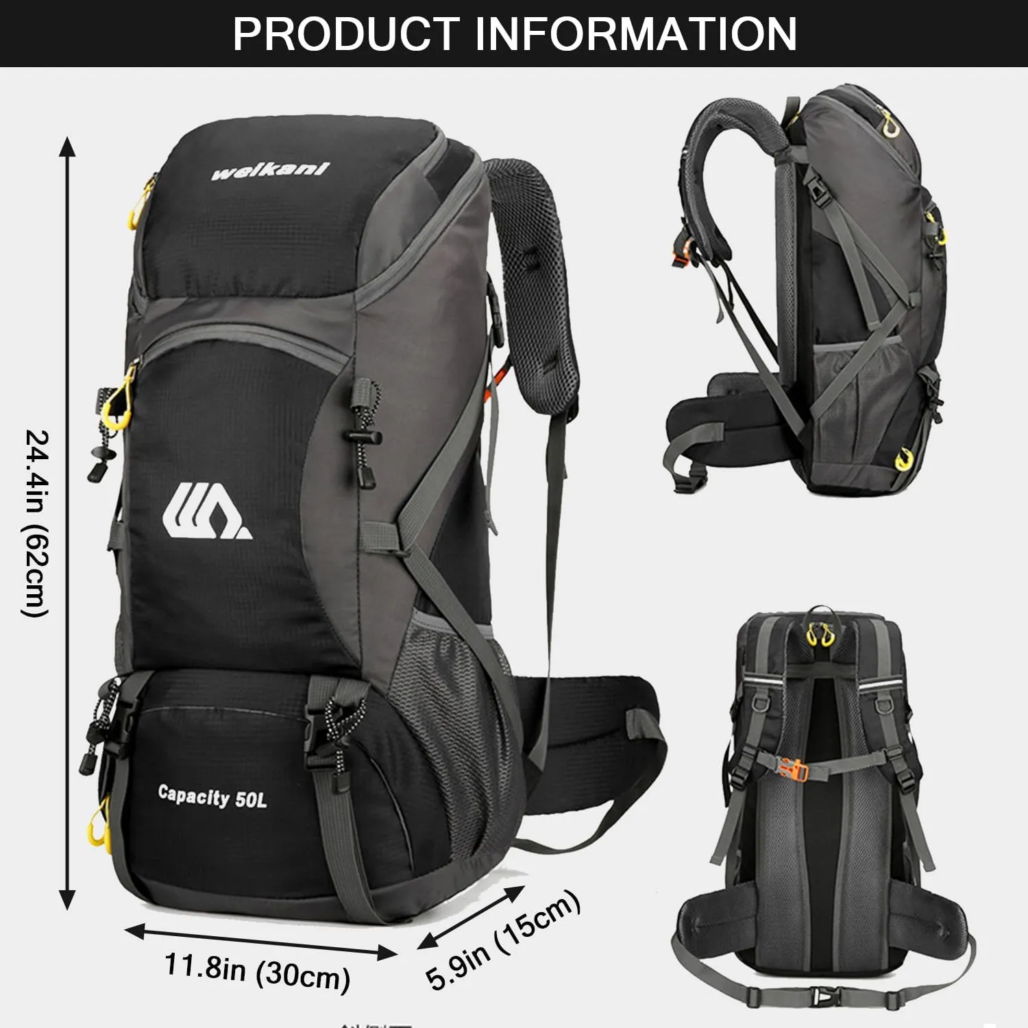 Hiking Backpack 50L, Lightweight Travel Backpack Camping Essentials Bag Outdoor Sport Daypack for Men Women Trekking Hunting Adventure Gear (Black)