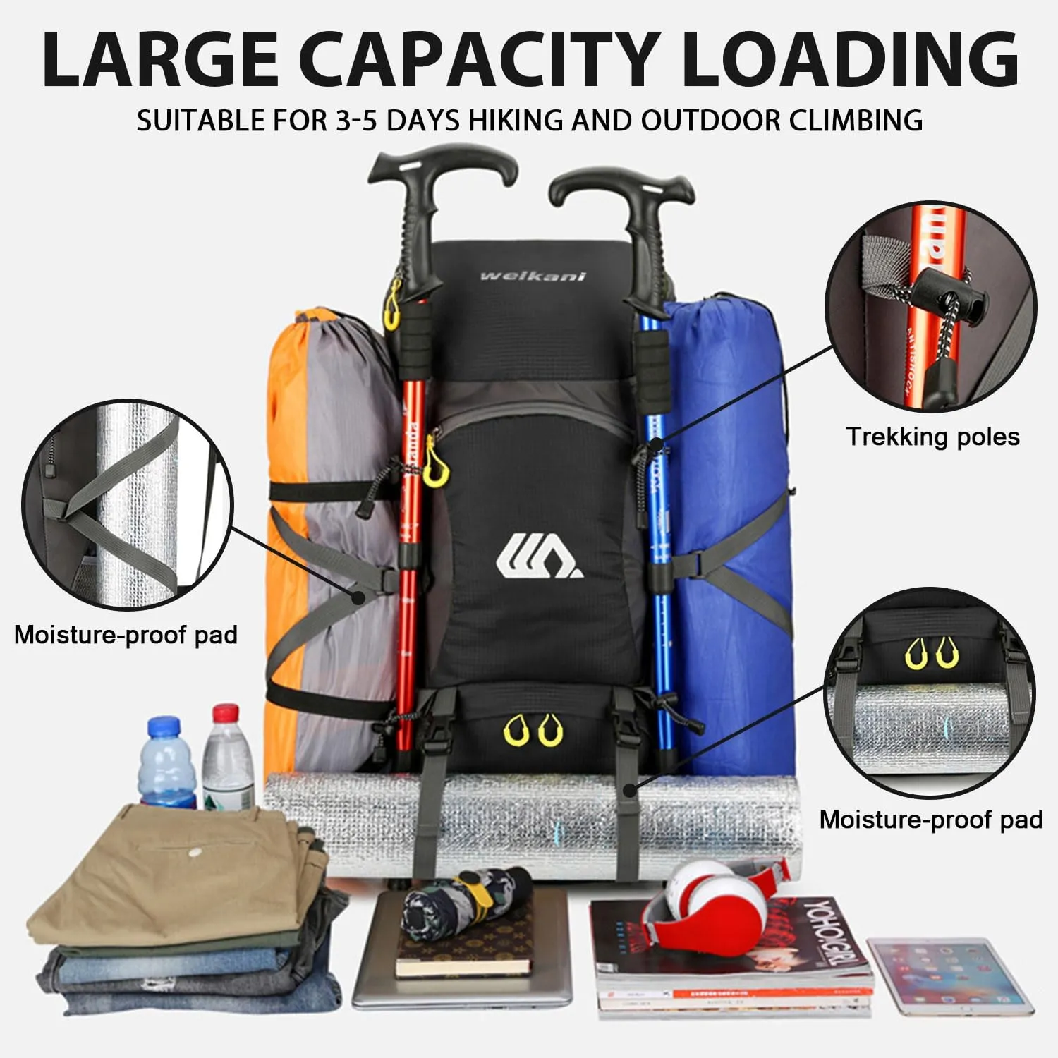 Hiking Backpack 50L, Lightweight Travel Backpack Camping Essentials Bag Outdoor Sport Daypack for Men Women Trekking Hunting Adventure Gear (Black)