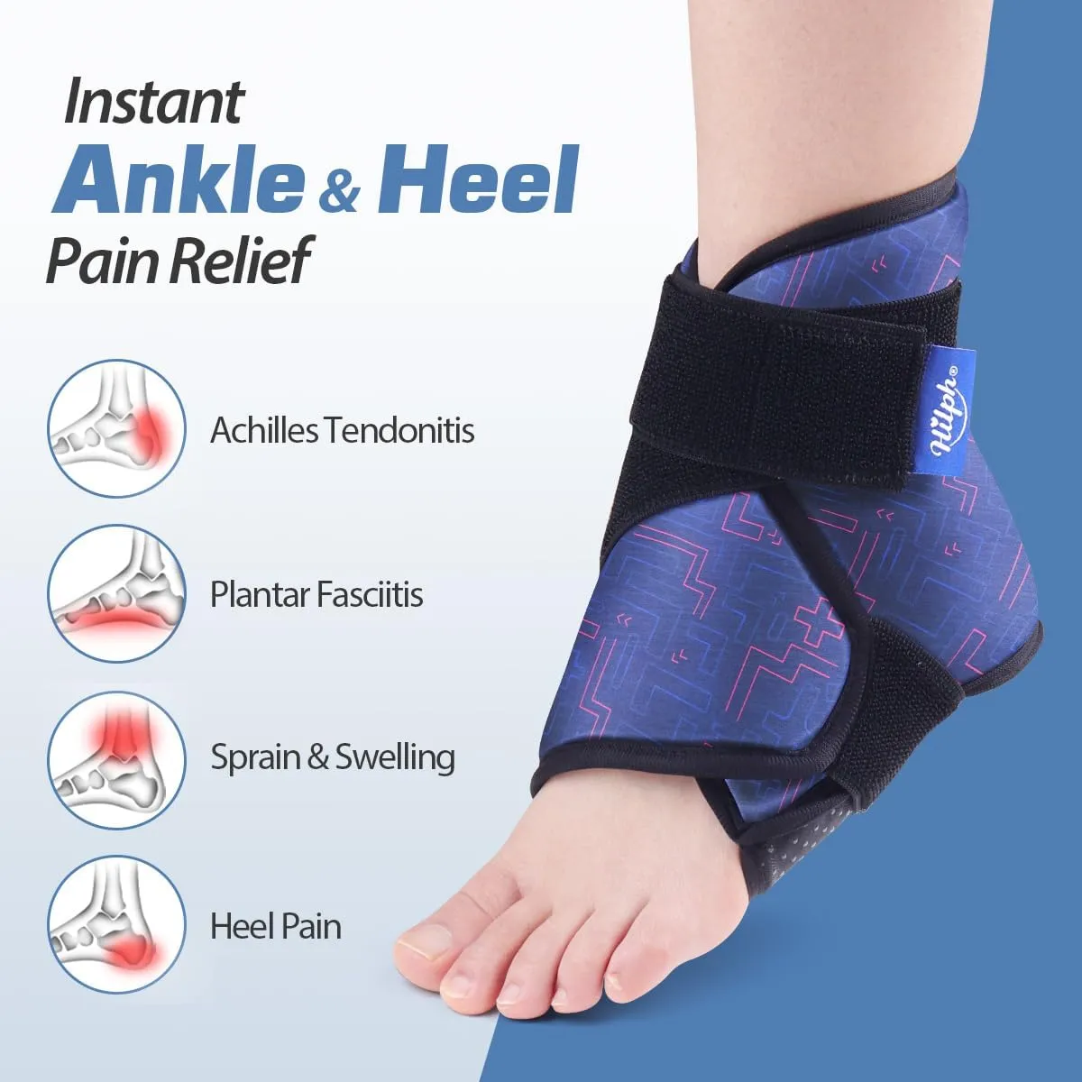 Hilph Ankle Heel Ice Pack Wrap for Swelling & Achilles Tendonitis, Reusable Foot Gel Ice Pack Wrap Hot Cold Compression Therapy for Sprained Ankle & Plantar Fasciitis Pain Relief (Blue, 1 Pack)