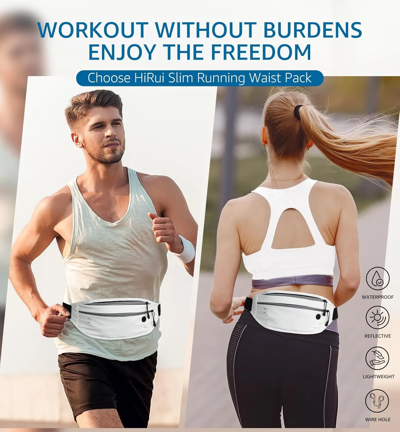 HiRui Slim Fanny Pack for Men Women, Adjustable Exercise Waist Pack Reflective Running Belt for Sports Workout Cycling Hiking, Casual Hands-Free Wallets Phone Bag Fits All Phones (White)