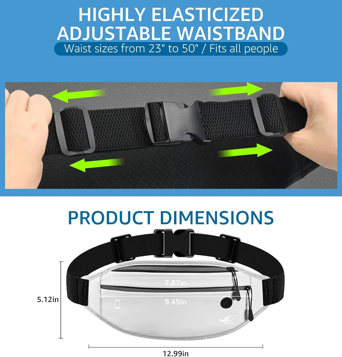 HiRui Slim Fanny Pack for Men Women, Adjustable Exercise Waist Pack Reflective Running Belt for Sports Workout Cycling Hiking, Casual Hands-Free Wallets Phone Bag Fits All Phones (White)