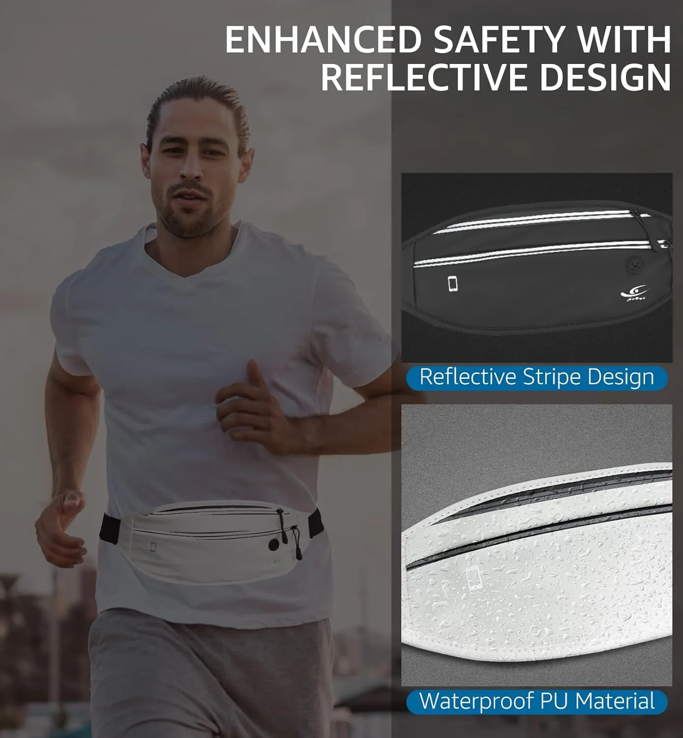 HiRui Slim Fanny Pack for Men Women, Adjustable Exercise Waist Pack Reflective Running Belt for Sports Workout Cycling Hiking, Casual Hands-Free Wallets Phone Bag Fits All Phones (White)
