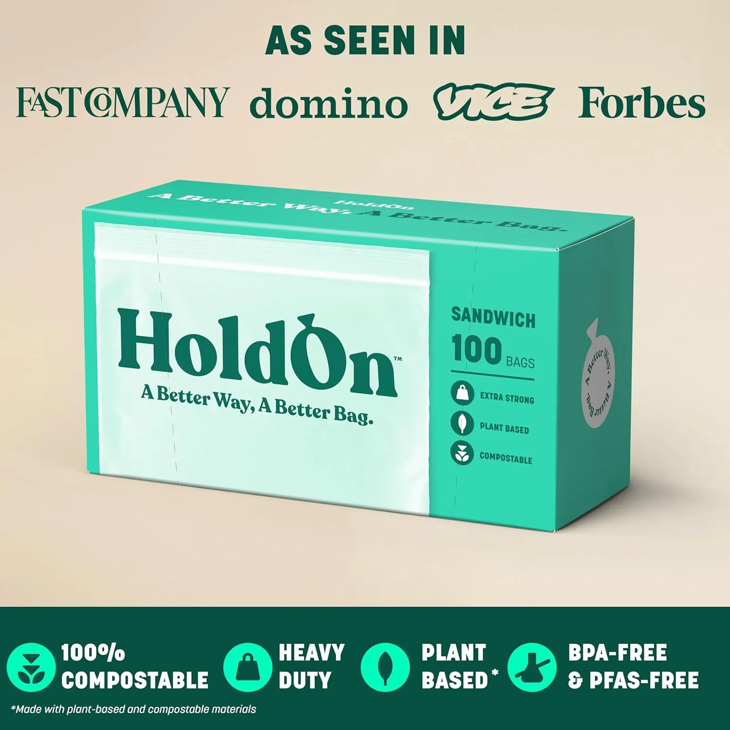 HoldOn Zipseal Sandwich Bags – Compostable, PFOA-Free, BPA-Free, Food-Safe Zip Seal Food Storage Bags With Secure Seal for Home & Travel, Freezer-safe (2-Pack, 200 bags total)