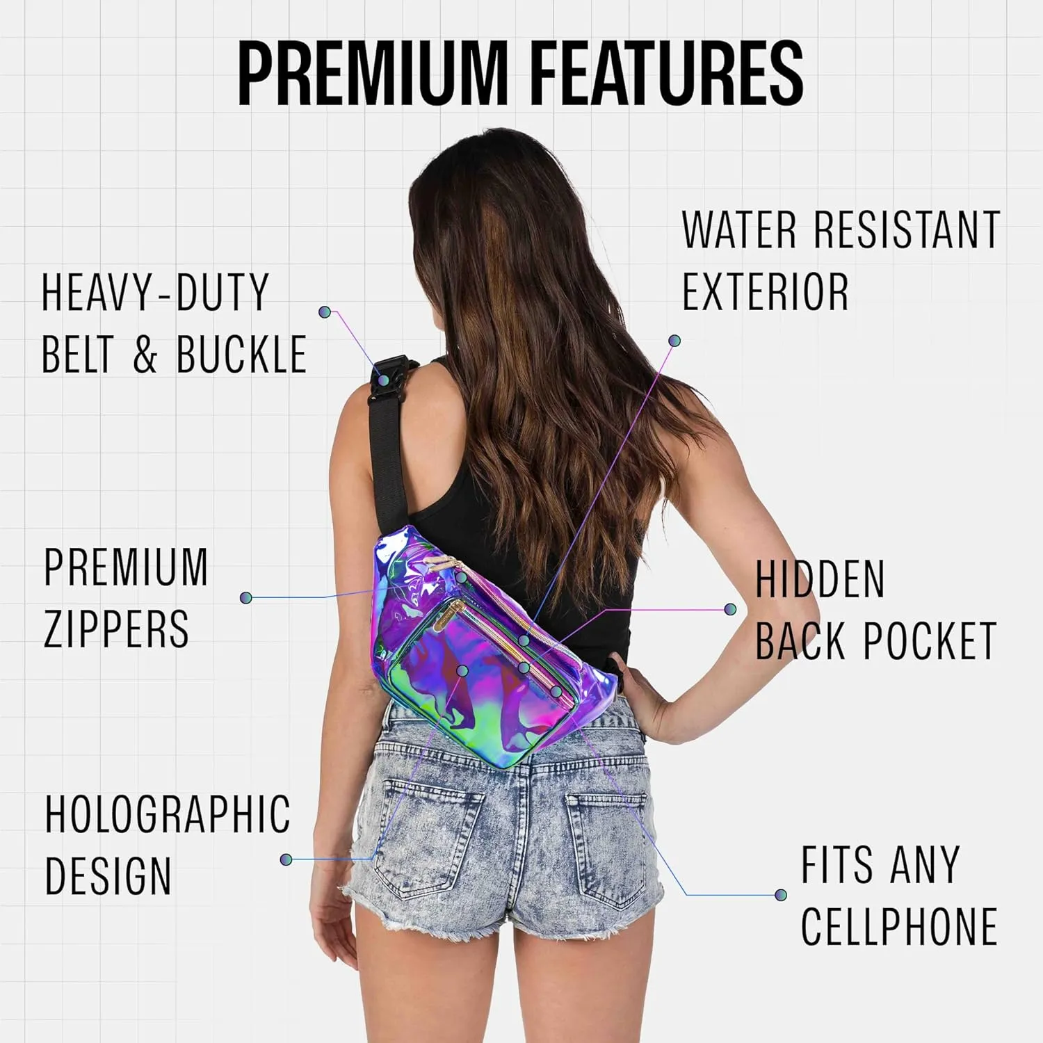 Holographic Fanny Pack Belt bag - Crossbody Waist Bag for Men or Women - Hands-Free, Waterproof Large Bumbag for Hiking, Running, and Travel (purple)