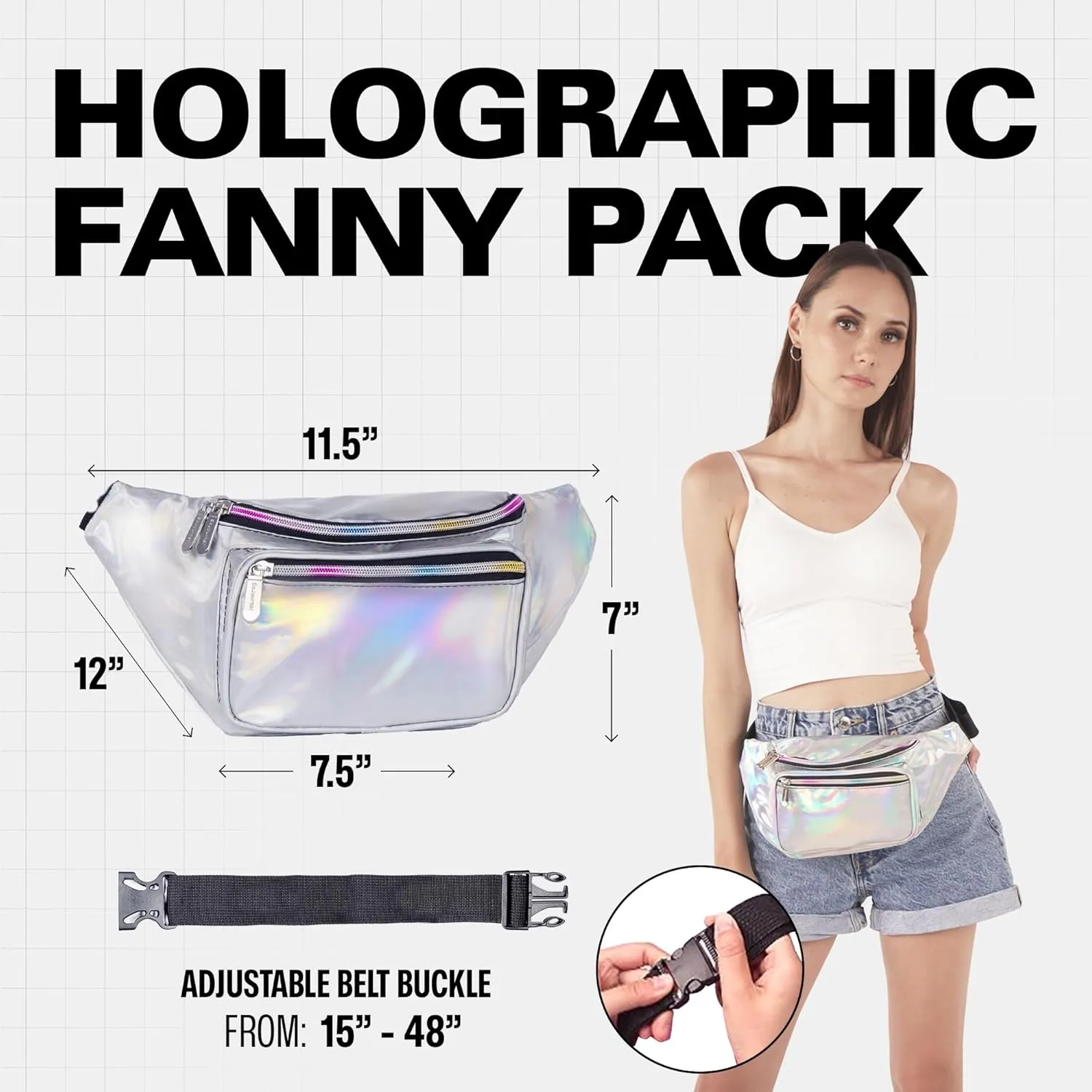 Holographic Fanny Pack Belt Bag | Waterproof Crossbody Bum Waist Pack - For Halloween, Rave, Hiking, Running, Travel (Silver)