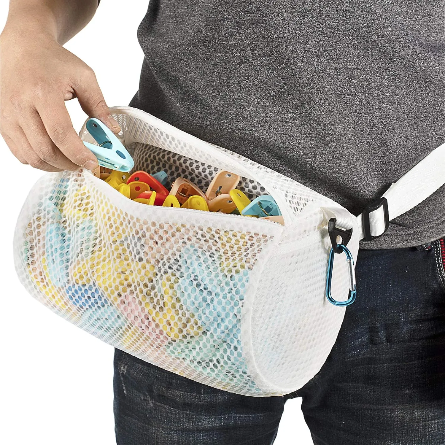Honeycomb Mesh Zippered Clothespin Bag for clothesline, Waist Pack Many Ways to Wear, Breathable Fabric, Large Opening, Large-Capacity, Hanging Clothespin Holder Bag Storage Organizer with Hooks