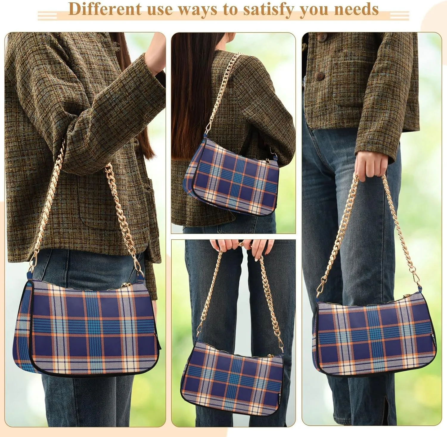 Houndstooth Shoulder Bag for Women Fabric Crescent Handbag with Zipper Chain Clutch Purses