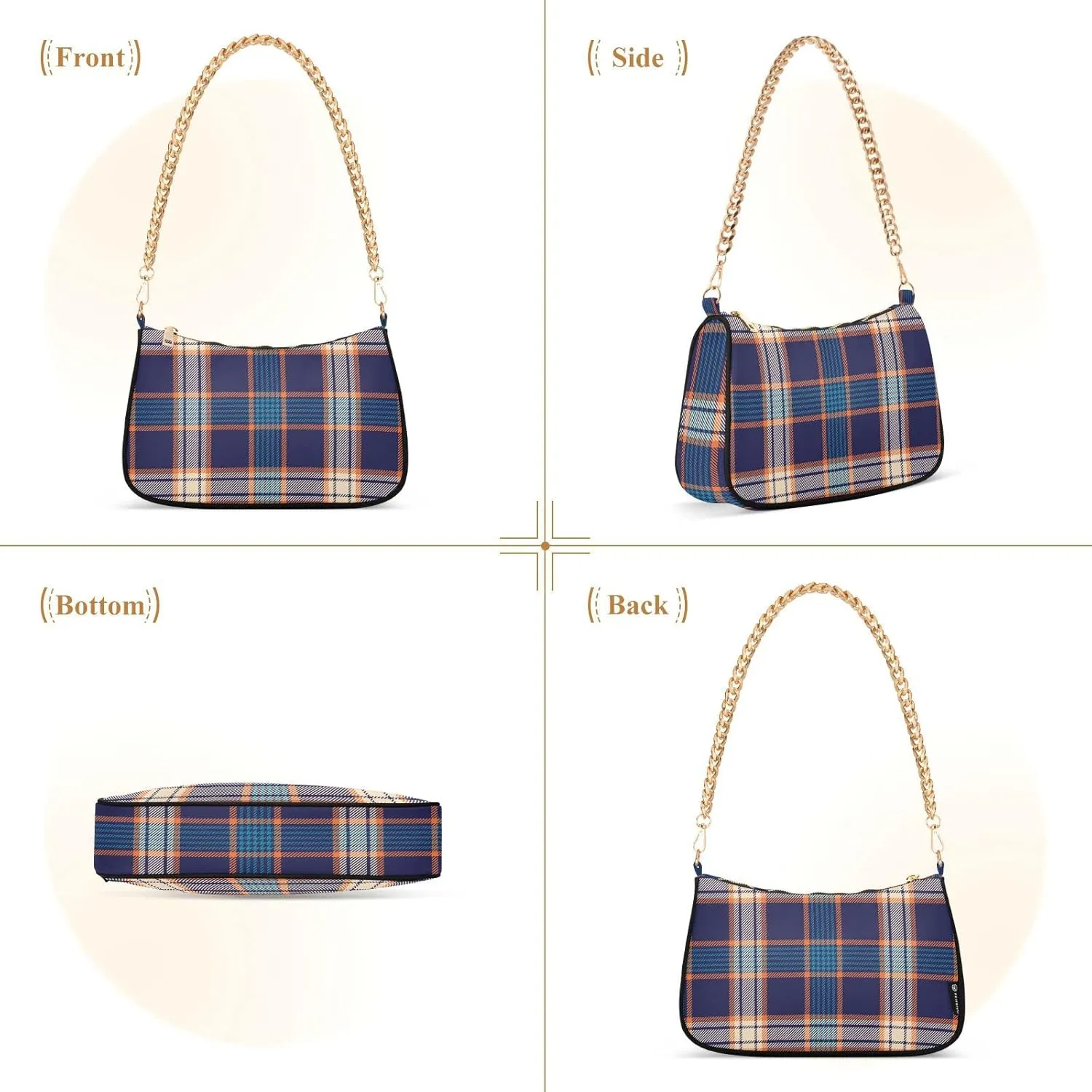 Houndstooth Shoulder Bag for Women Fabric Crescent Handbag with Zipper Chain Clutch Purses