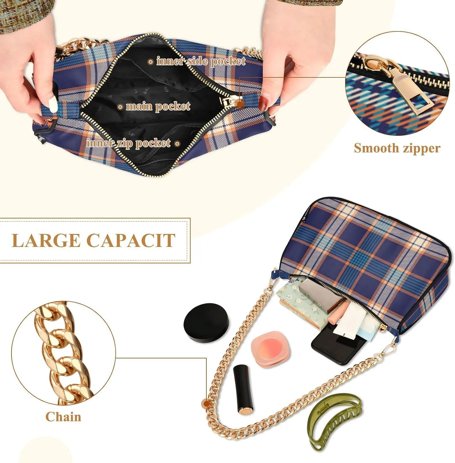 Houndstooth Shoulder Bag for Women Fabric Crescent Handbag with Zipper Chain Clutch Purses