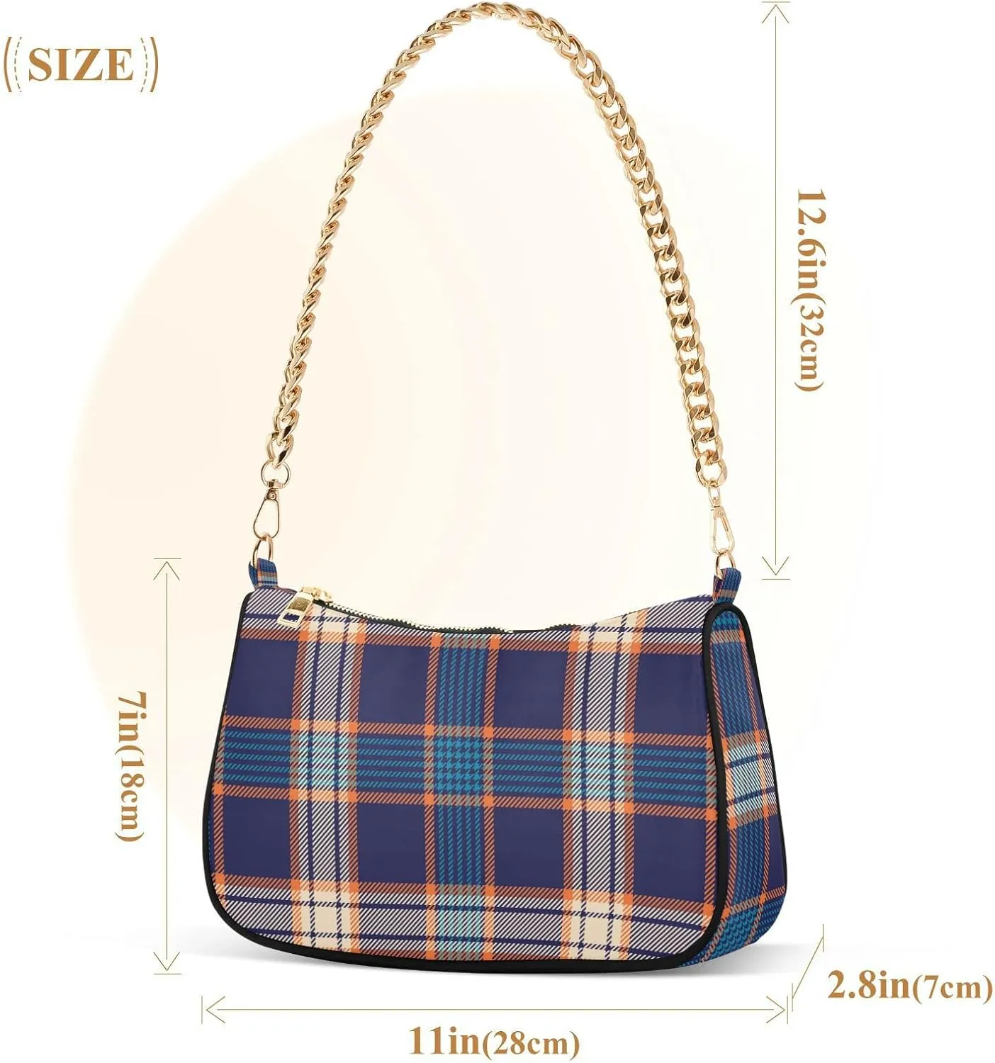 Houndstooth Shoulder Bag for Women Fabric Crescent Handbag with Zipper Chain Clutch Purses