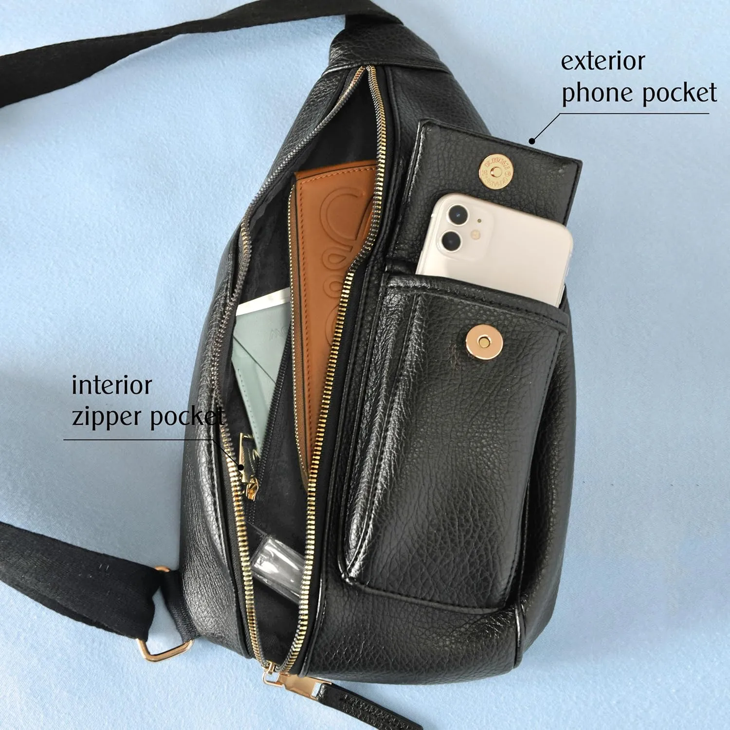HOXIS Women's Sling Bag Vegan Leather Fanny Packs Crossbody bag with Adjustable Shoulder Strap Chest Bag for Travel (Black)