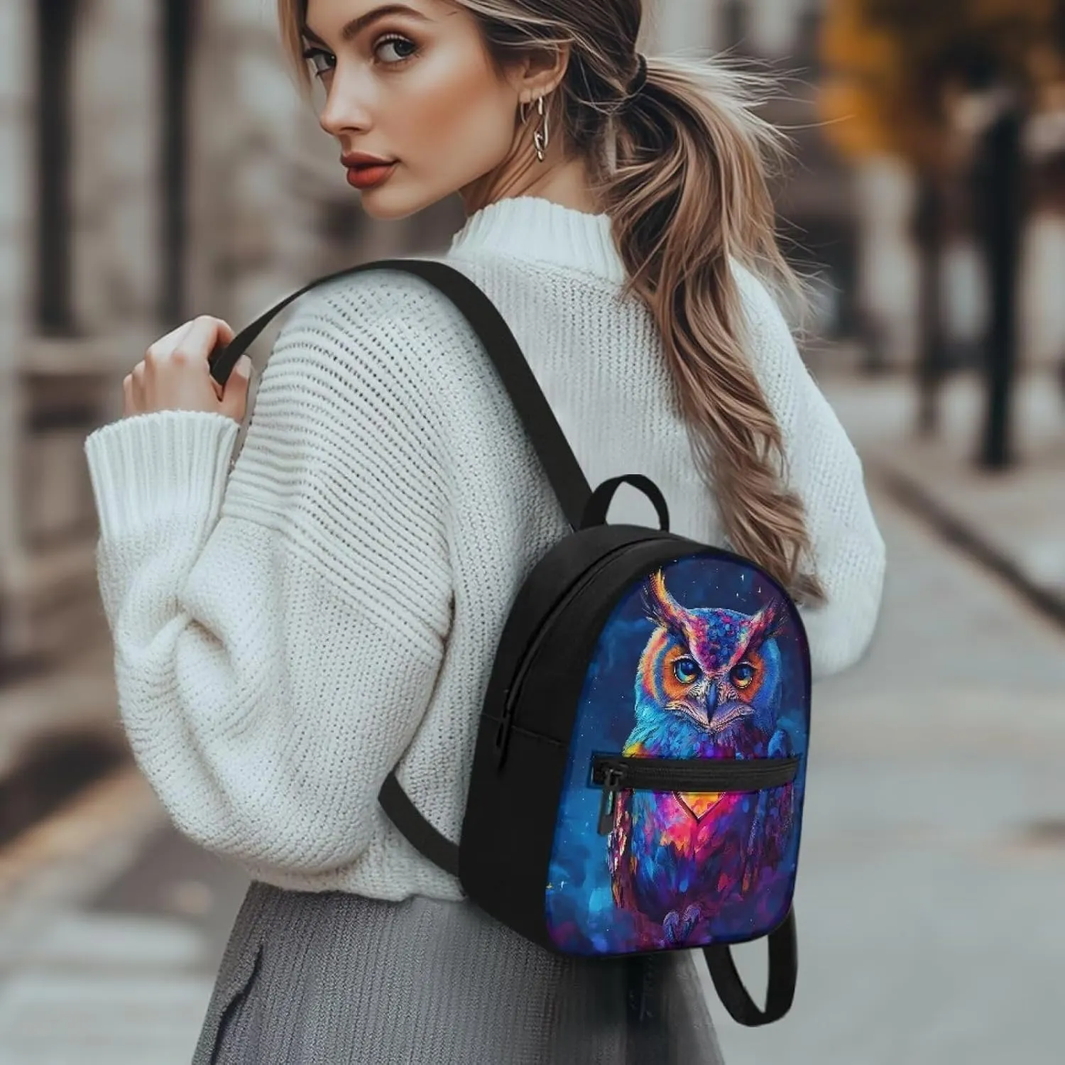 HUGS IDEA Blue Owl Backpacks for Women Mini Backpack Purse for Lady Travel Backpack with Adjustable Strap Fashion Travel Shoulder Bag Small Backpack Mini Purse Casual Rucksack