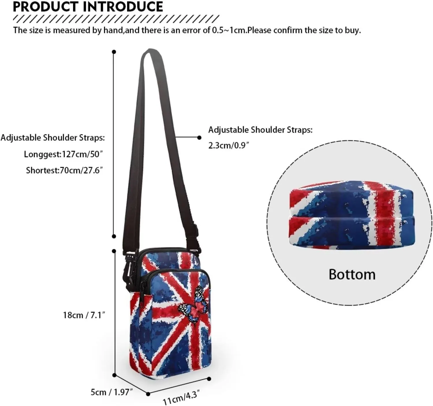 HUGS IDEA British Flag Butterfly Print Small Messenger Bags for Women Cute Cross Body Sling Bags with Adjustable Strap Shoulder Tote Handbag