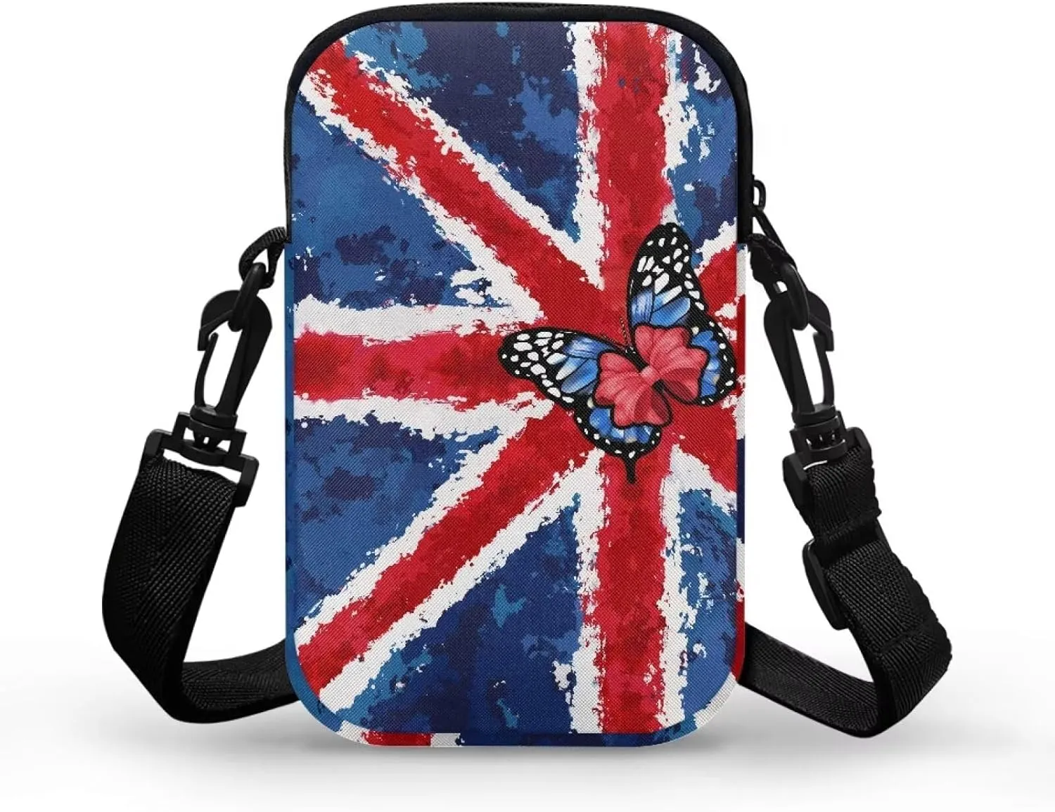 HUGS IDEA British Flag Butterfly Print Small Messenger Bags for Women Cute Cross Body Sling Bags with Adjustable Strap Shoulder Tote Handbag