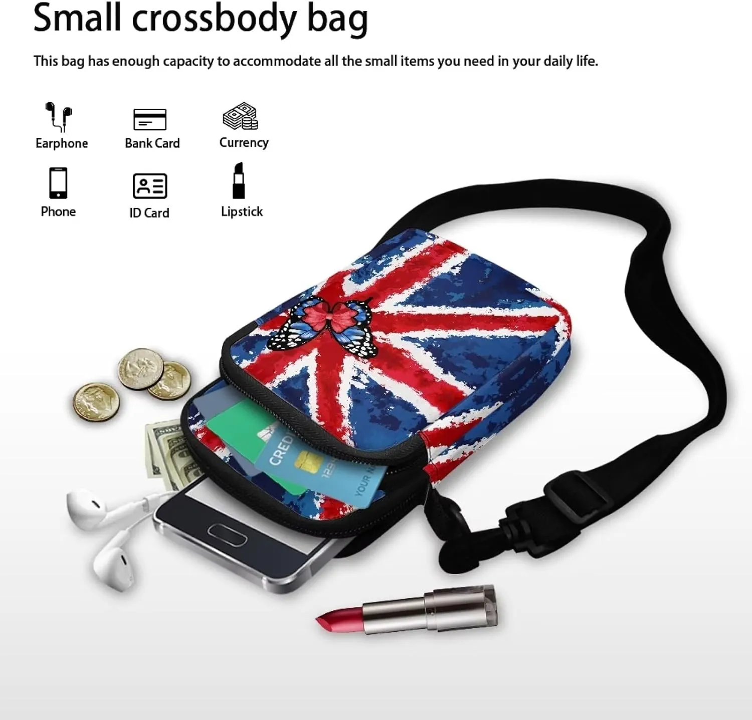 HUGS IDEA British Flag Butterfly Print Small Messenger Bags for Women Cute Cross Body Sling Bags with Adjustable Strap Shoulder Tote Handbag
