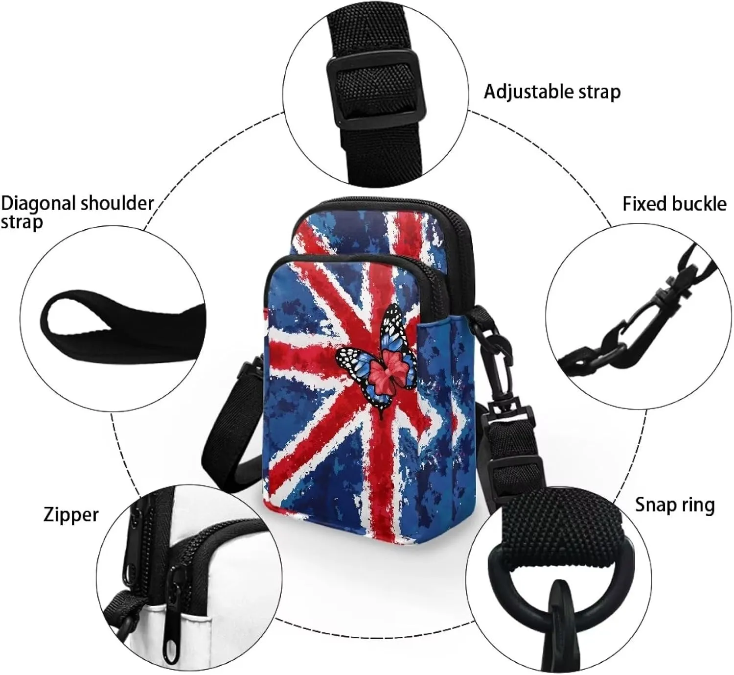 HUGS IDEA British Flag Butterfly Print Small Messenger Bags for Women Cute Cross Body Sling Bags with Adjustable Strap Shoulder Tote Handbag