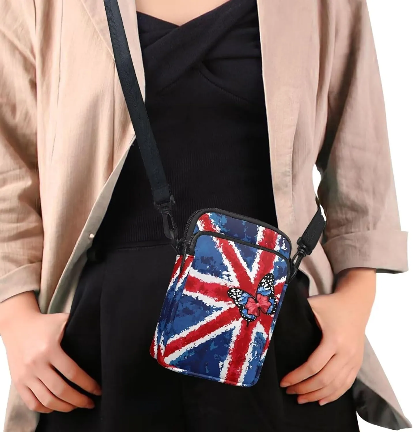 HUGS IDEA British Flag Butterfly Print Small Messenger Bags for Women Cute Cross Body Sling Bags with Adjustable Strap Shoulder Tote Handbag