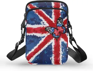 HUGS IDEA British Flag Butterfly Print Small Messenger Bags for Women Cute Cross Body Sling Bags with Adjustable Strap Shoulder Tote Handbag