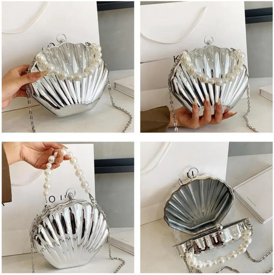 IAMUHI Lovely Shell Handbag Purse Beaded Evening Bag Chain Cross-body Clutch Purse