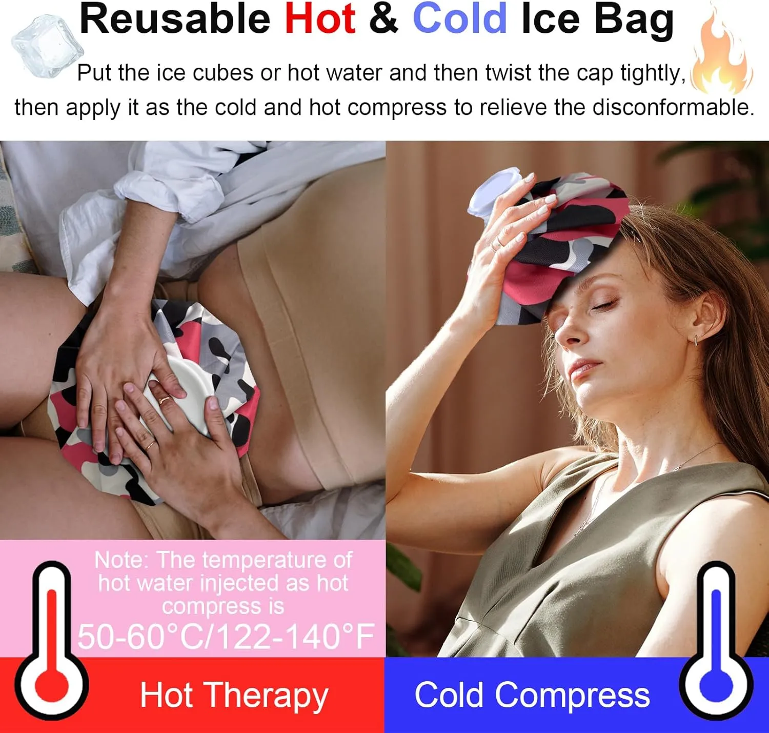 Ice Pack for Injuries Reusable, Ice Bag for Injuries Hot Water Bag for Hot & Cold Therapy, No-Leak Ice Bag with Elastic Breathable Support Wrap, 3 Sizes 6/9/11"