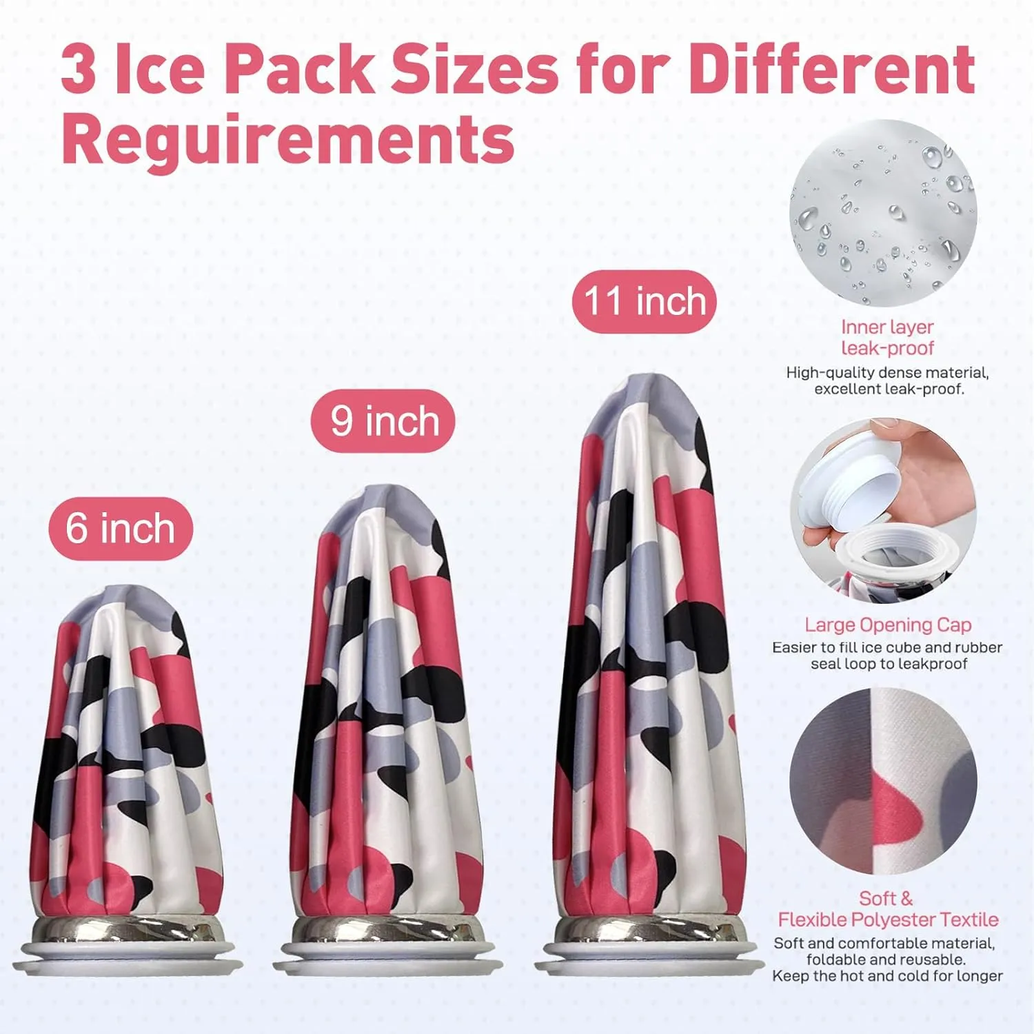 Ice Pack for Injuries Reusable, Ice Bag for Injuries Hot Water Bag for Hot & Cold Therapy, No-Leak Ice Bag with Elastic Breathable Support Wrap, 3 Sizes 6/9/11"