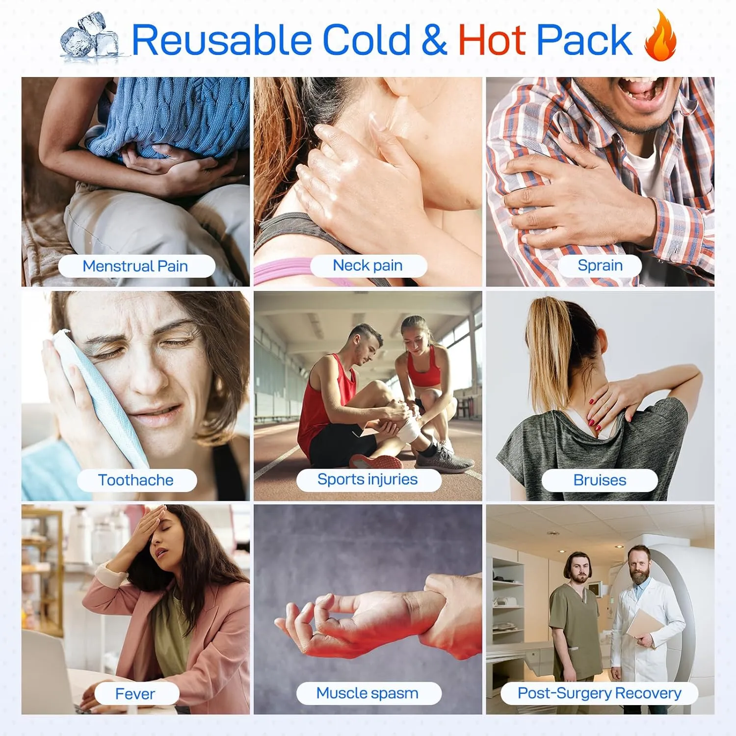 Ice Pack for Injuries Reusable, Ice Bag for Injuries Hot Water Bag for Hot & Cold Therapy, No-Leak Ice Bag with Elastic Breathable Support Wrap, 3 Sizes 6/9/11"