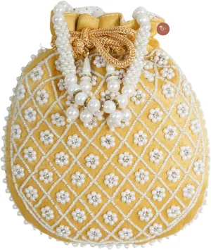 IGH Potli Bag for Women Beaded Pearl Potli Pouch Traditional Bridal Potli for Return Gift, Wedding Indian Designer Silk Potli Purse Handmade Clutch Handbag 9x8 Inches [1 Pack, Cream]