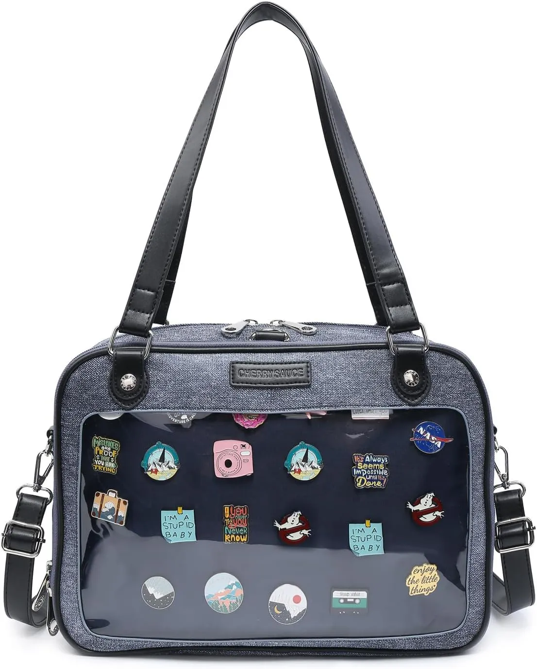 Imitation Denim PU Ita Bag Backpack Crossbody Bag Satchel Messenger Shoulder Bag for Pins Display