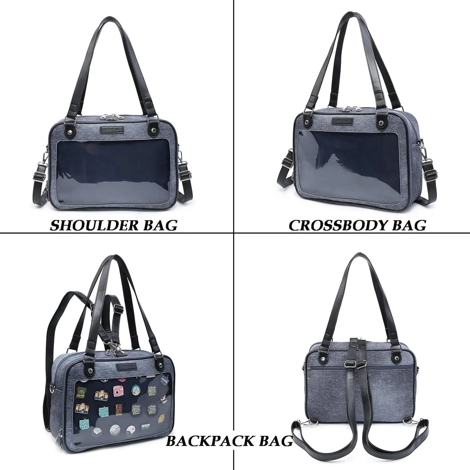 Imitation Denim PU Ita Bag Backpack Crossbody Bag Satchel Messenger Shoulder Bag for Pins Display