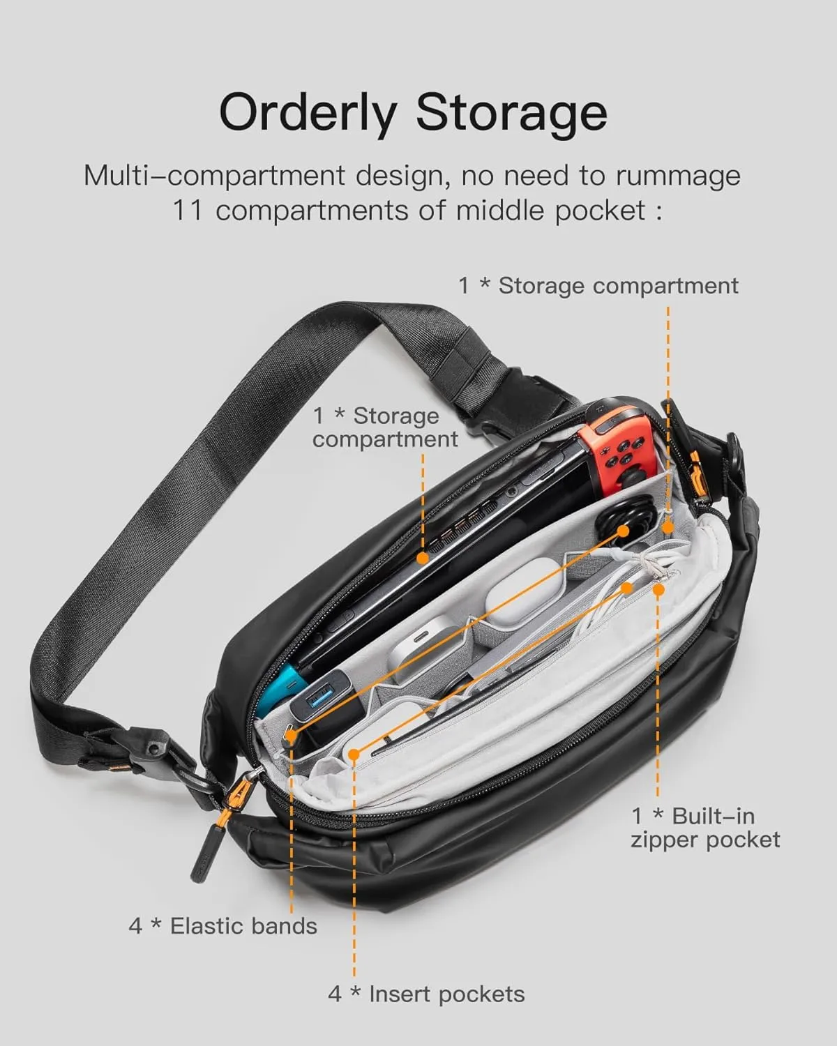 Inateck Sling Bag X, 4L Multi-pocket Crossbody Shoulder Chest Bag with Adjustable Shoulder Strap, Water-resistant Waist Fanny Pack for Men, Women, Travel, Daily Use, Cycling, Hiking, Black, Large
