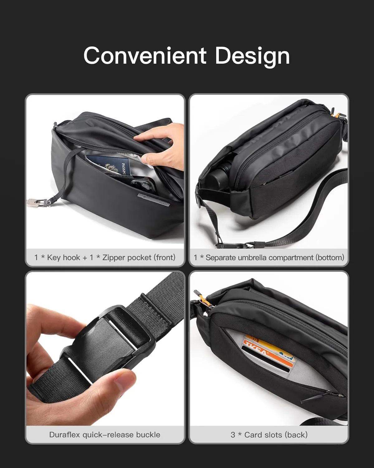 Inateck Sling Bag X, 4L Multi-pocket Crossbody Shoulder Chest Bag with Adjustable Shoulder Strap, Water-resistant Waist Fanny Pack for Men, Women, Travel, Daily Use, Cycling, Hiking, Black, Large