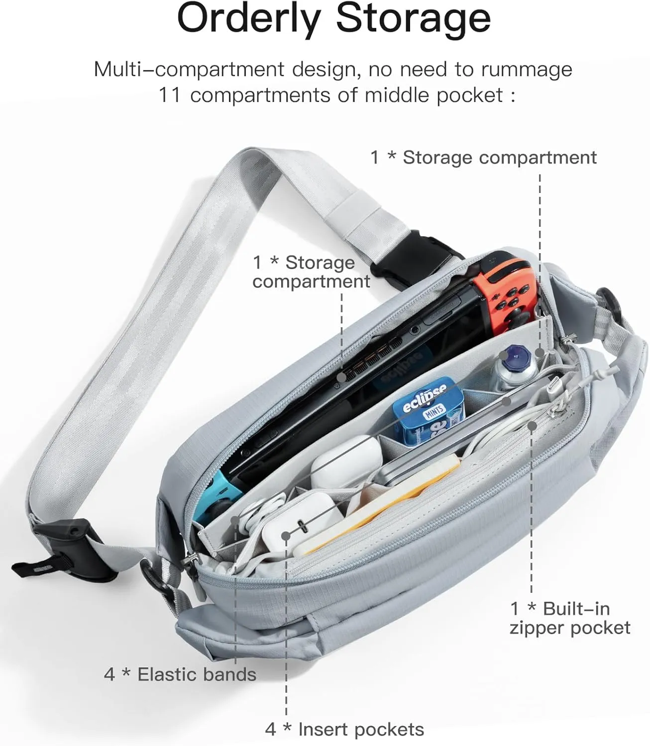 Inateck Sling Bag X, 4L Multi-pocket Crossbody Shoulder Chest Bag with Adjustable Shoulder Strap, Water-resistant Waist Fanny Pack for Men, Women, Travel, Daily Use, Cycling, Hiking, Gray Blue, Large
