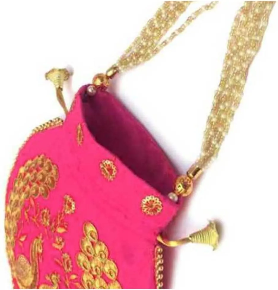 Indian Ethnic Designer Embroidered Silk Potli Bag Batwa Pearls Handle Purse Clutch Purse for Women