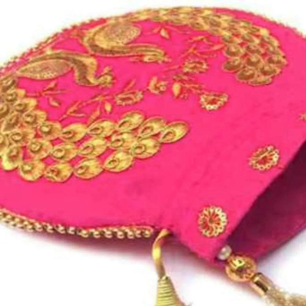 Indian Ethnic Designer Embroidered Silk Potli Bag Batwa Pearls Handle Purse Clutch Purse for Women