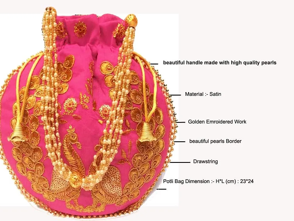 Indian Ethnic Designer Embroidered Silk Potli Bag Batwa Pearls Handle Purse Clutch Purse for Women