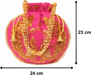 Indian Ethnic Designer Embroidered Silk Potli Bag Batwa Pearls Handle Purse Clutch Purse for Women