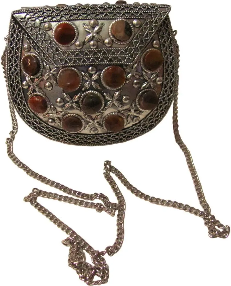 Indian Vintage Style Silver-Toned Metal Agate Stones Novelty Fashion Bag Purse