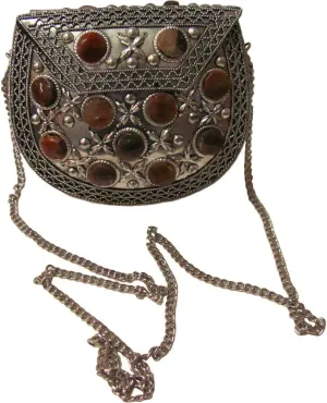 Indian Vintage Style Silver-Toned Metal Agate Stones Novelty Fashion Bag Purse
