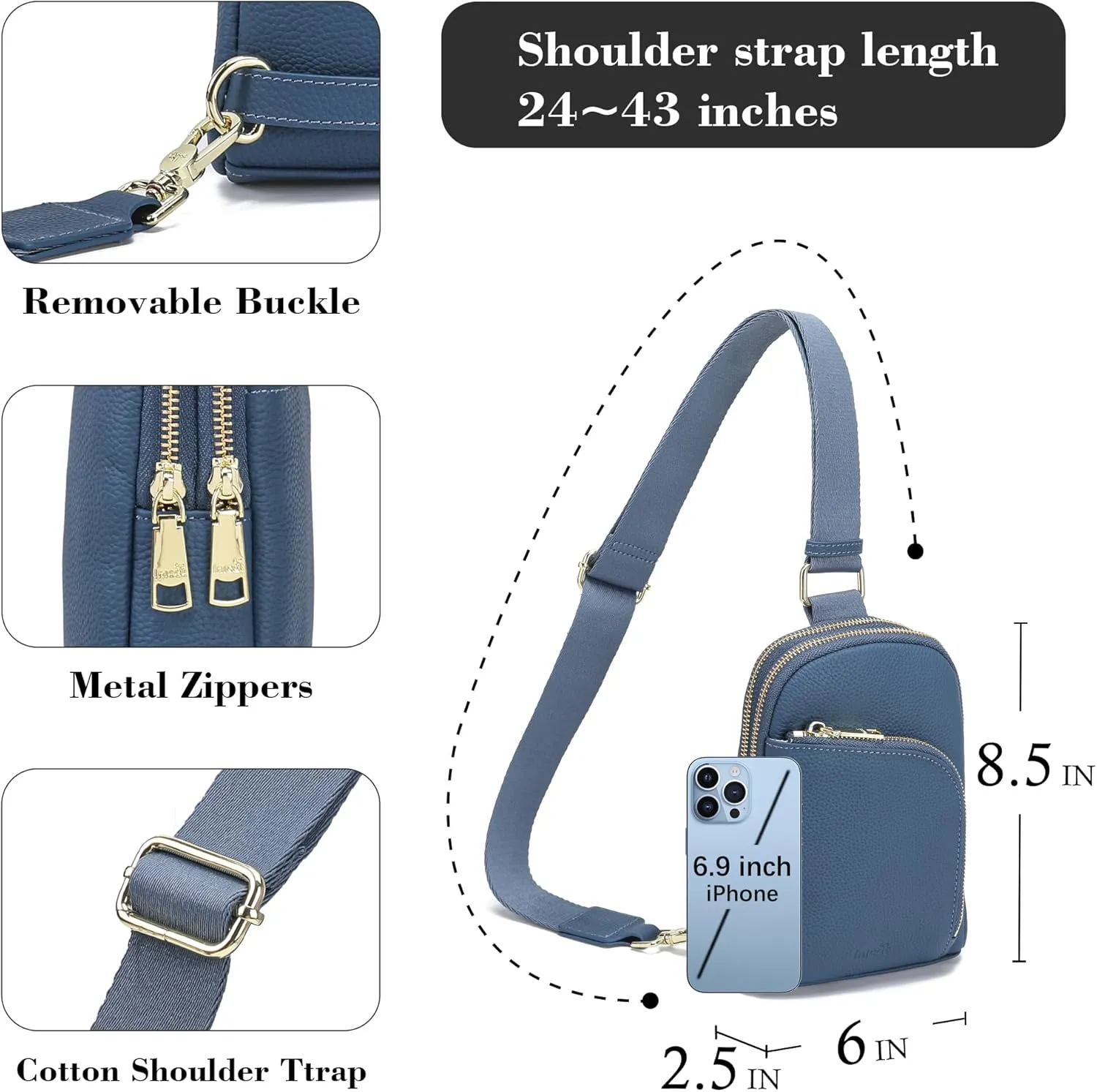 INICAT RFID Blocking Sling Bag Leather Crossbody Bags for Women Fanny Pack Cross Body for Woman Chest Bag for Travel 1.9L