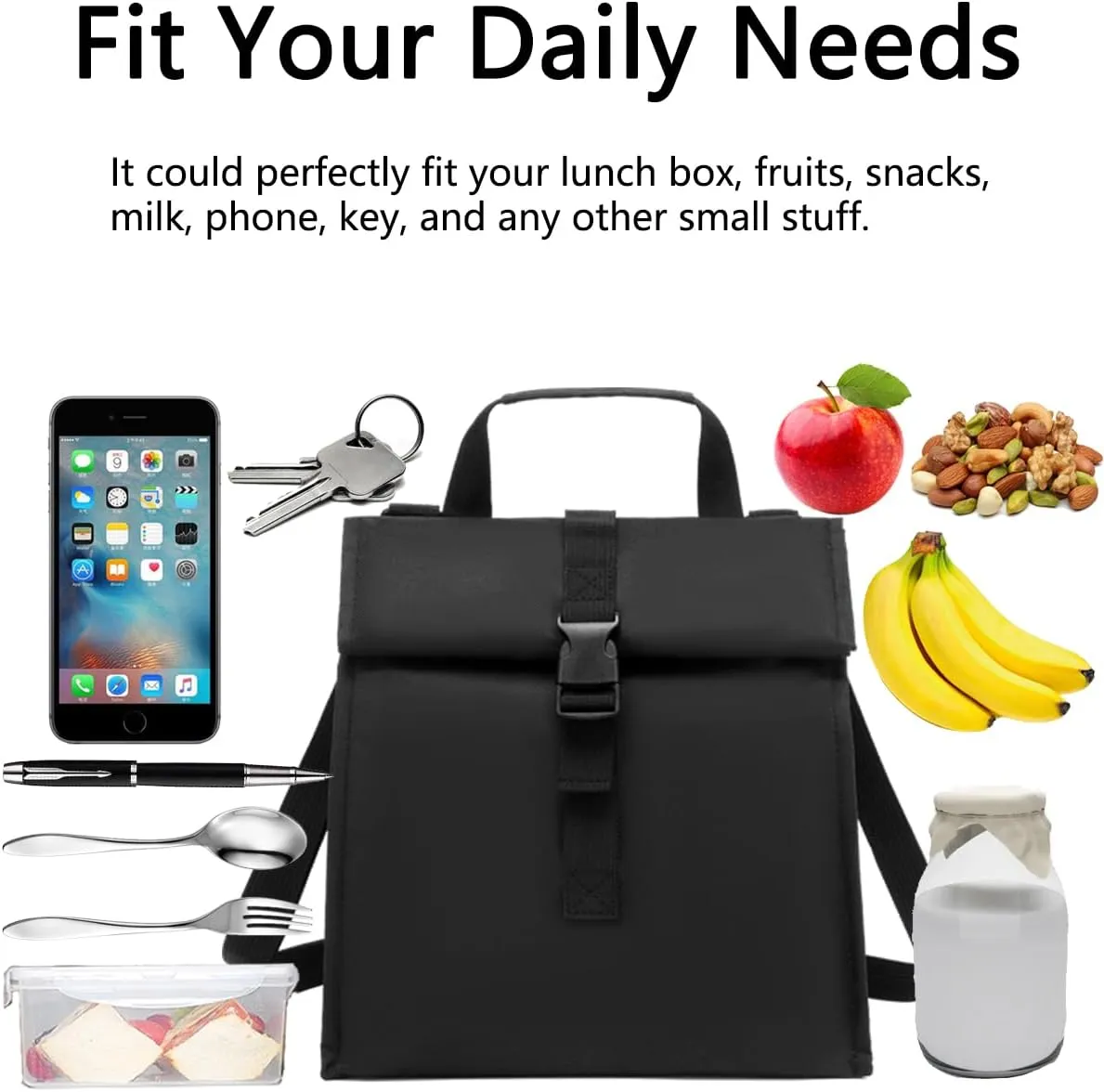Insulated Lunch Bag for Men/Women/Kids, Roll top Reusable Lunch Box with Adjustable Shoulder Strap, Thermal Lunch Cooler Tote Container for Adults/Teens School Work Office Picnic,Black